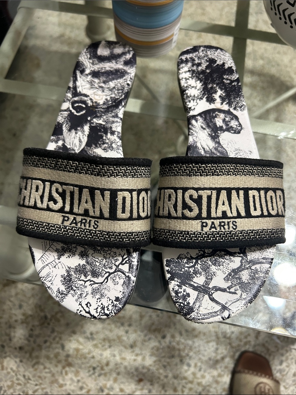 Christian Dior Paris Black & White Toile Slide Sandals